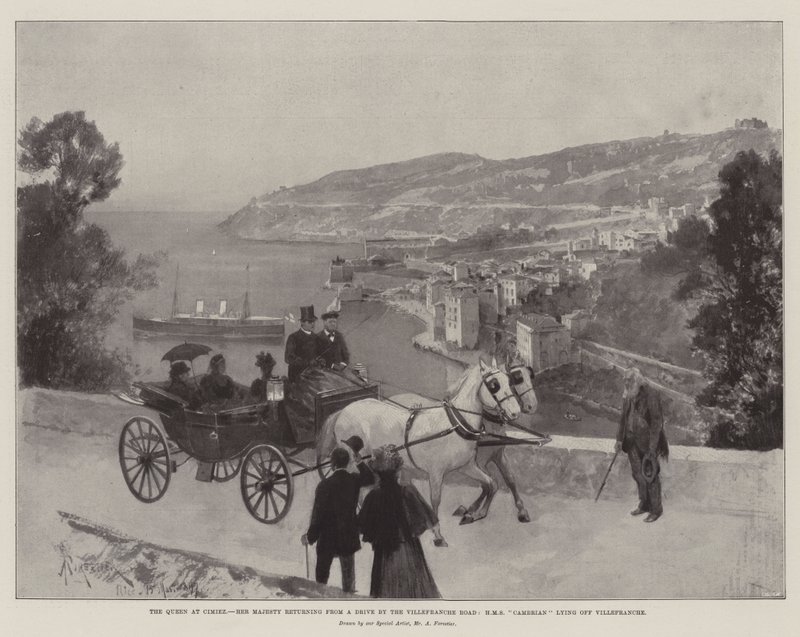 Královna v Cimiez, Její Veličenstvo se vrací z projížďky u silnice Villefranche, HMS Cambrian leží u Villefranche od Amedee Forestier