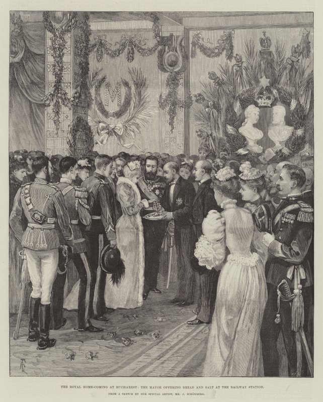 Royal Home-Coming v Bukurešti, starosta nabízející chléb a sůl na nádraží od Amedee Forestier