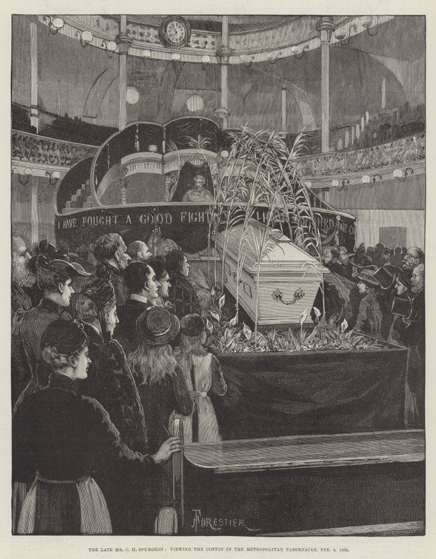 Zesnulý pan CH Spurgeon při pohledu na rakev v Metropolitan Tabernacle, 9. února 1892 od Amedee Forestier