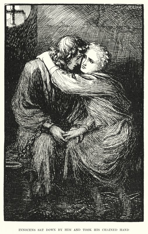 Inocens si k němu přisedl a vzal jeho připoutanou ruku (rytina) od Amelia M. (attr.to) Bowerley or Bauerle