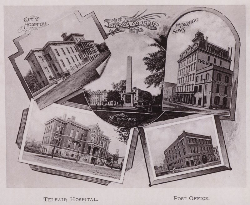 Městská nemocnice; Johnson Square; Greeneův památník; Ranní zprávy, Telfair Hospital, Pošta (č/b foto) od American Photographer (after)