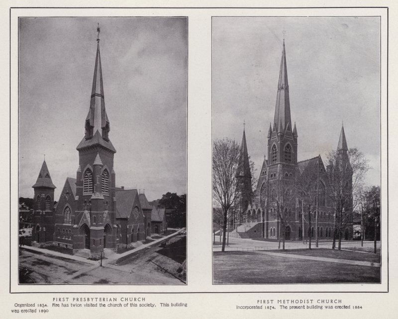 Jamestown, NY: První presbyteriánská církev; První metodistická církev (černobílá fotografie) od American Photographer (after)