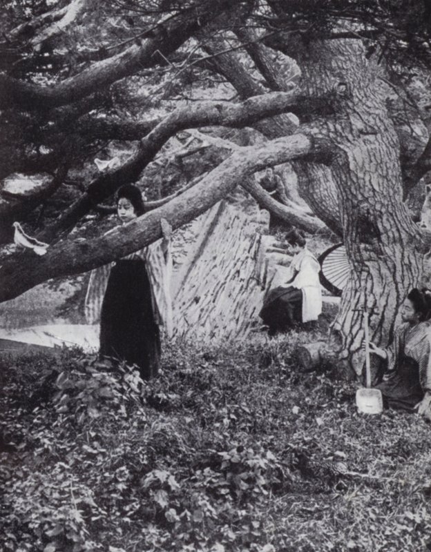 Japonské dívky mezi starými borovicemi vedle starověkého císařského příkopu v Tokiu (č/b foto) od American Photographer (after)