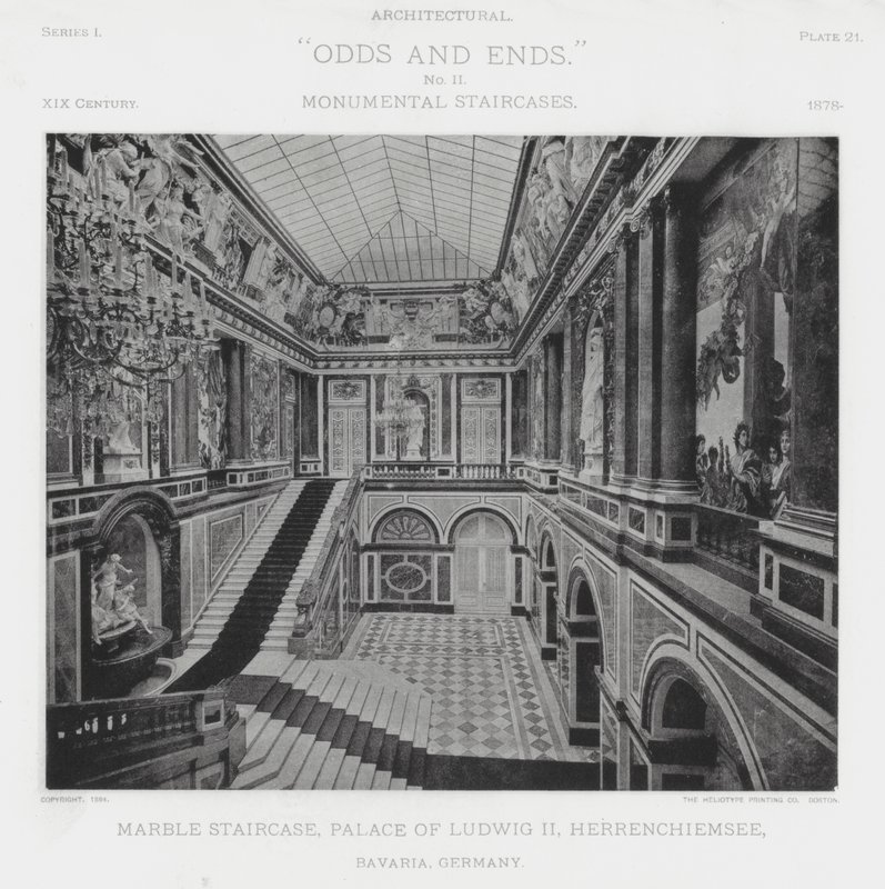 Mramorové schodiště, Palác Ludwiga II., Herrenchiemsee, Bavorsko, Německo (černobílá fotografie) od American Photographer (after)