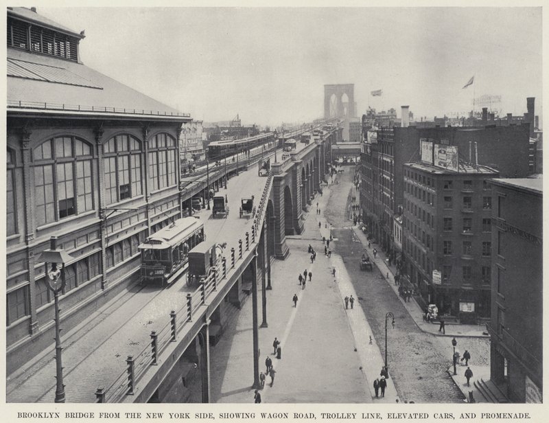 Brooklynský most z New York Side, ukazující Wagon Road, Trolley Line, Elevated Cars a Promenade (č/b foto) od American Photographer