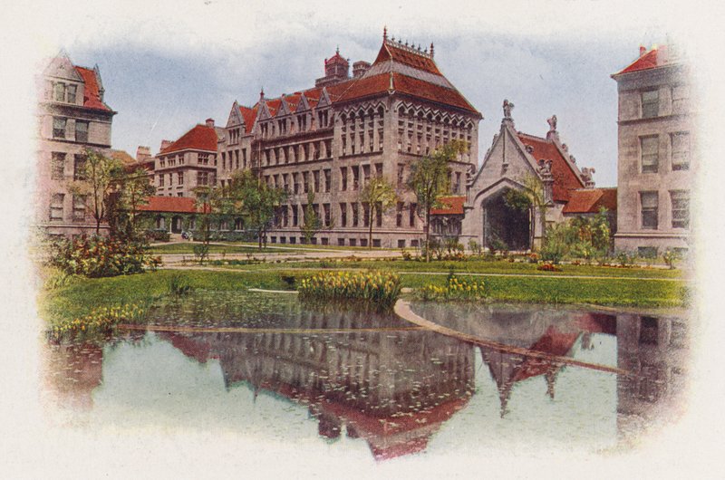 Chicago: Hull Court, od Botany Pond, Anatomy Building a Hull Gate (barevné foto) od American Photographer