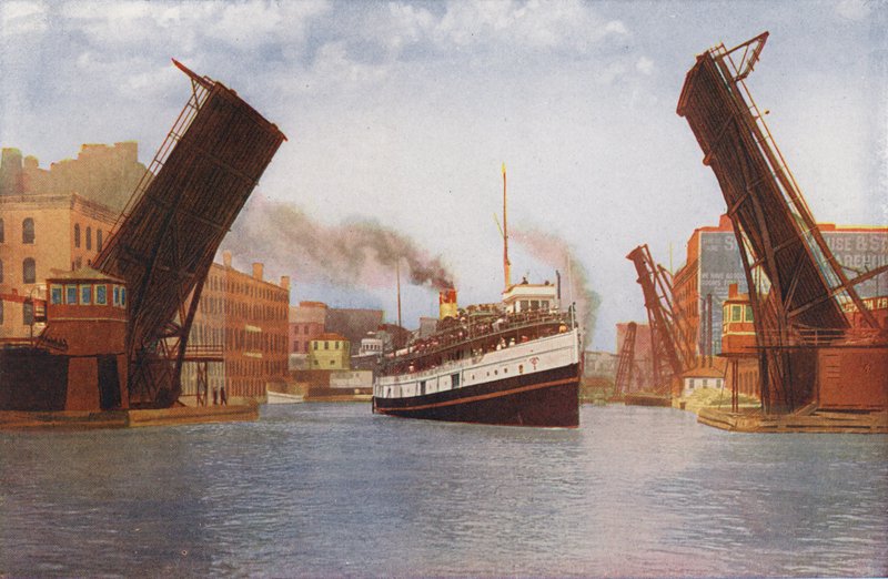 Chicago: State Street Bascule Bridge zvednutý pro výletní parník (barevné foto) od American Photographer