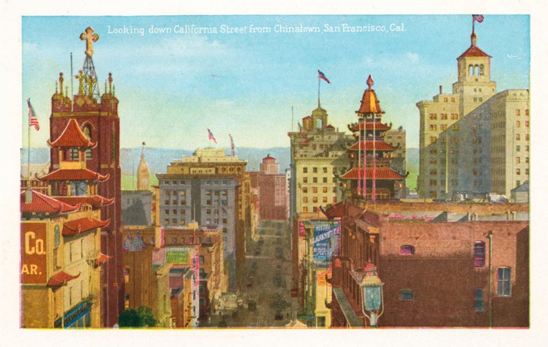 Pohled z Čínské čtvrti na ulici California Street, San Francisco, Kalifornie (kolorovaná fotografie) od American Photographer