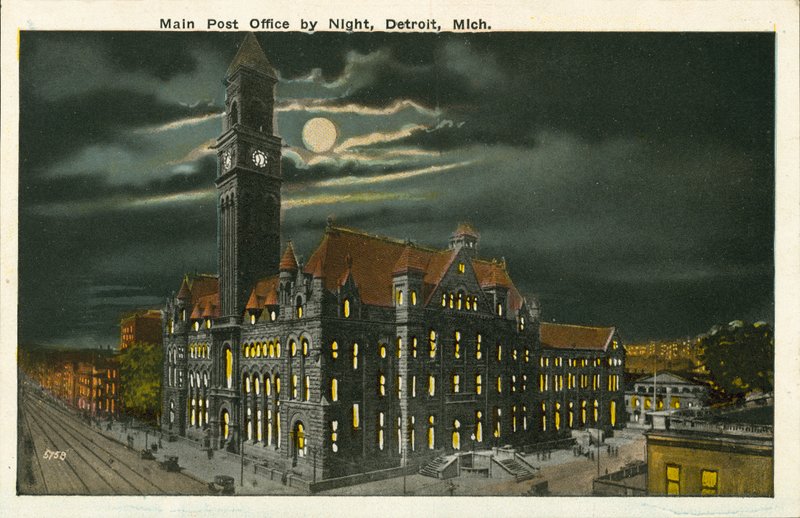 Hlavní pošta v noci, Detroit, Michigan (barevné foto) od American Photographer