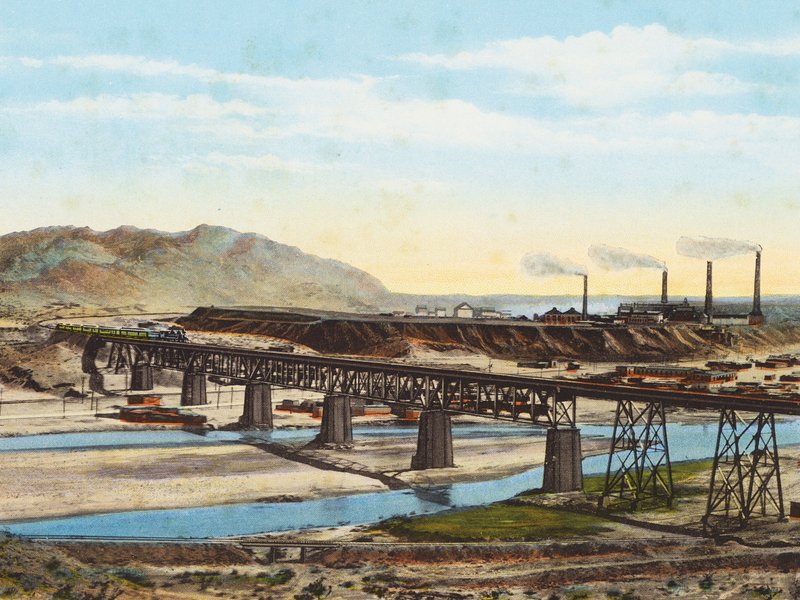 Železniční most přes Rio Grande a Velká celní huť v El Pasu, Texas (barevné foto) od American Photographer