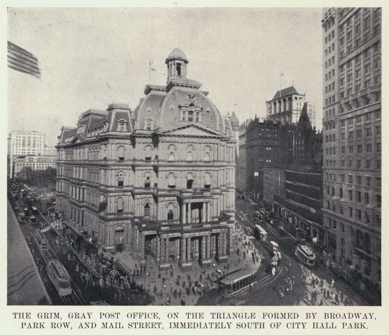 Grim, Grey Post Office, na trojúhelníku tvořeném Broadway, Park Row a Mail Street, bezprostředně jižně od City Hall Park (černobílá fotografie) od American Photographer