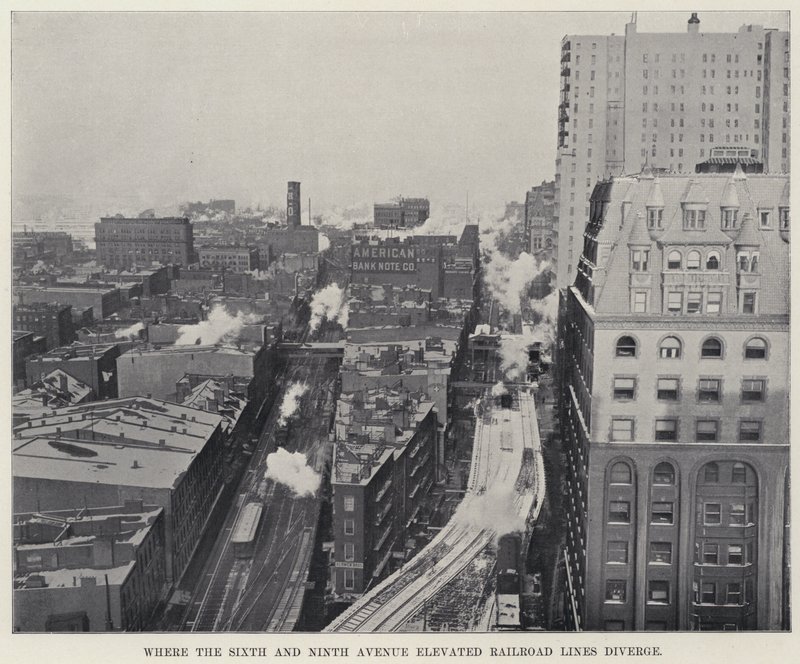 Tam, kde se rozcházejí vyvýšené železniční tratě Šestá a Devátá Avenue (černobílá fotografie) od American Photographer