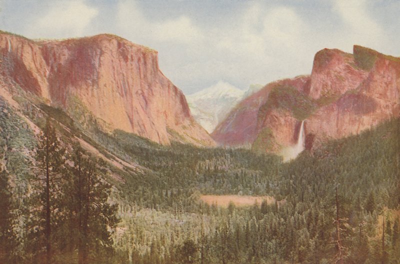 Yosemitské údolí, Kalifornie, celkový pohled z Artists Point (kolorovaná fotografie) od American Photographer