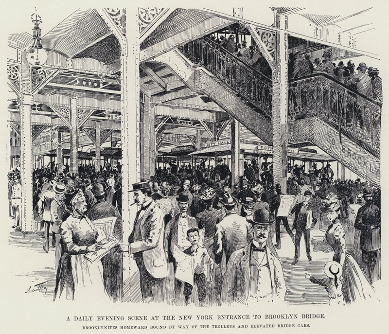 Denní večerní scéna u vchodu do New Yorku na Brooklyn Bridge (litho) od American School