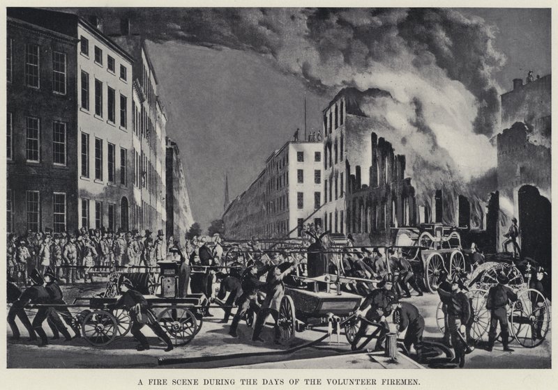 Požární scéna během Dnů dobrovolných hasičů (litho) od American School