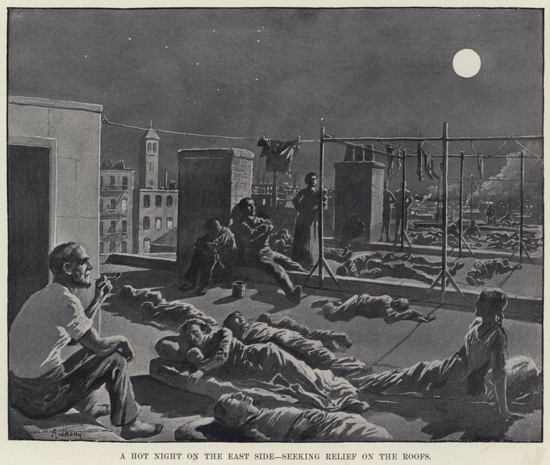 Horká noc na East Side, hledající úlevu na střechách (litho) od American School