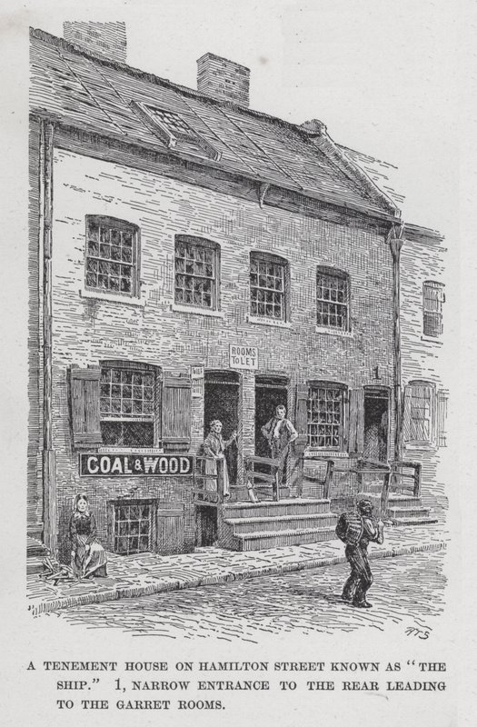 Činžovní dům na Hamilton Street známý jako "Loď", 1, úzký vchod do zadní části vedoucí do Garret Rooms (litho) od American School