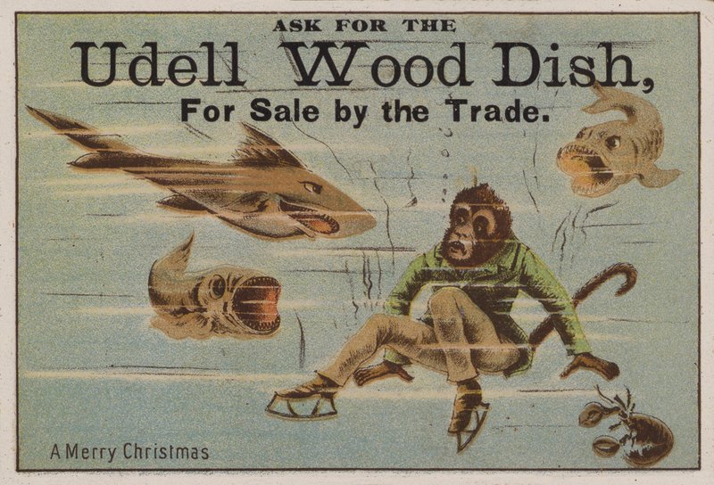 Veselé Vánoce, vizitka s reklamou na dřevěné nádobí Udell od American School