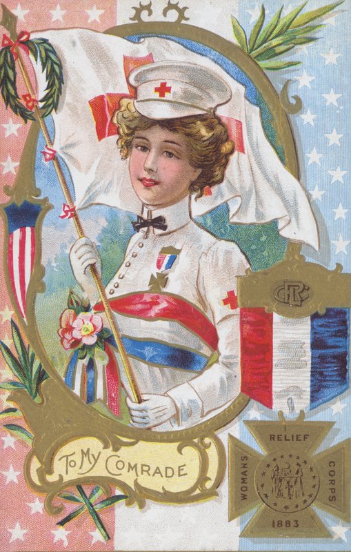 Žena z ženského pomocného sboru, založeného v roce 1883, a medaile, kterou by dostala od American School