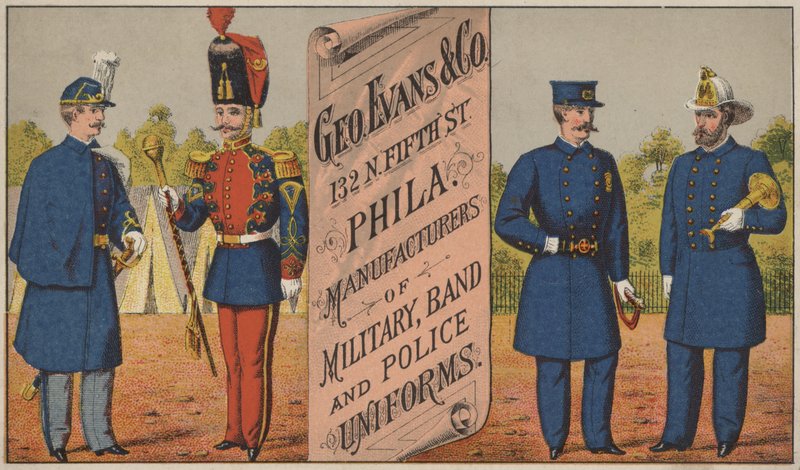 Reklama pro George Evans & Co, výrobce vojenských, kapelních a policejních uniforem, 132 N Fifth Street, Philadelphia od American School