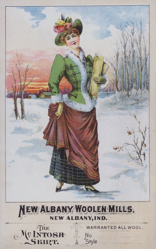 Reklama na sukni McIntosh, z New Albany Woolen Mills, Indiana, USA (chromolitho) od American School