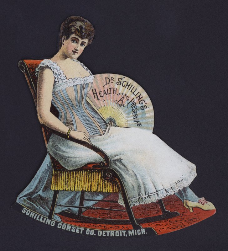 Reklama pro společnost Schilling Corset Company, Detroit, Michigan, USA (barevné lito) od American School
