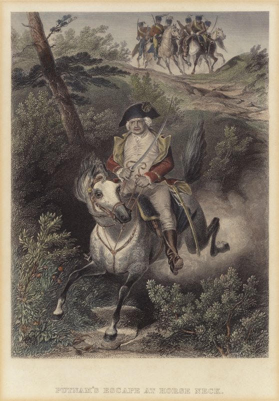 Útěk amerického generála Israela Putnama před Brity v Horse Neck, Connecticut, Americká válka za nezávislost od American School