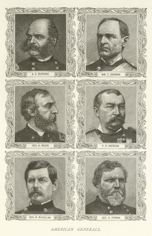 Američtí generálové, A E Burnside, William T Sherman, George G Meade, PH Sheridan, George B McClellan, George H Thomas od American School