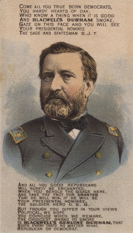 Americký voják a politik Ulysses S Grant, reklama na obchodní kartu Blackwell Durham Bull Tobacco, 70. léta 19. století od American School