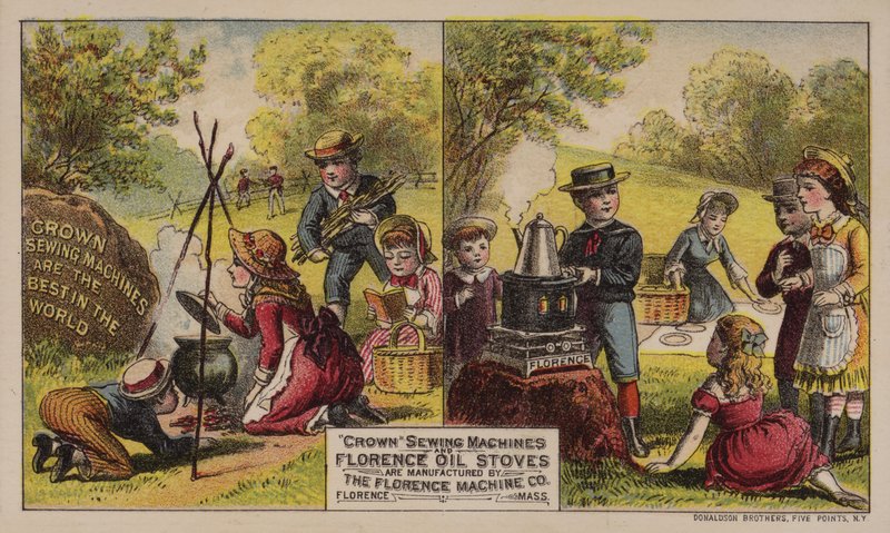 Americká obchodní karta reklamní šicí stroje a olejová kamna vyráběná Florence Machine Company, Massachusetts, c1880s od American School
