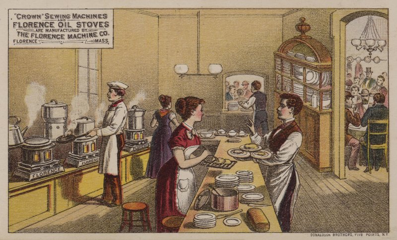 Americká obchodní karta reklamní šicí stroje a olejová kamna vyráběná Florence Machine Company, Massachusetts, c1880s od American School
