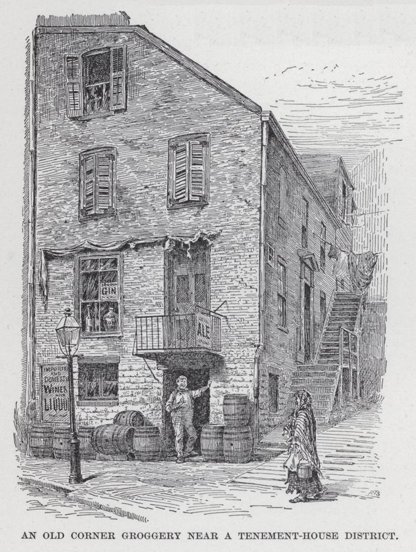 An Old Corner Groggery poblíž čtvrti činžovních domů (litho) od American School