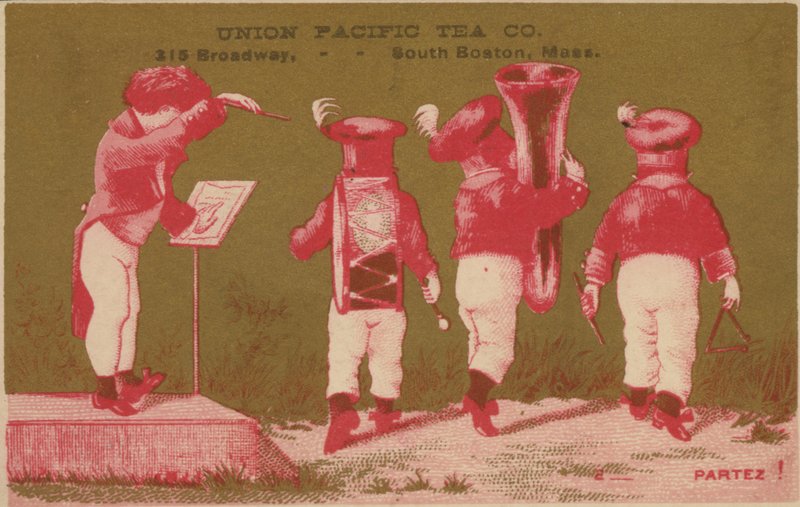Kapela inzerující Union Pacific Tea Co, South Boston od American School