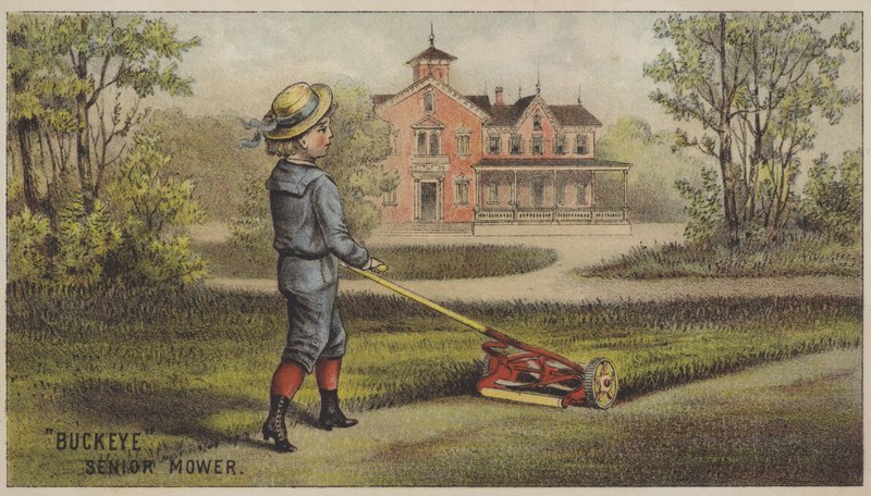 Chlapec seká trávu před venkovským domem (chromolitho) od American School