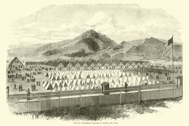Tábor vězňů Konfederace v Elmira, New York, květen 1865 od American School