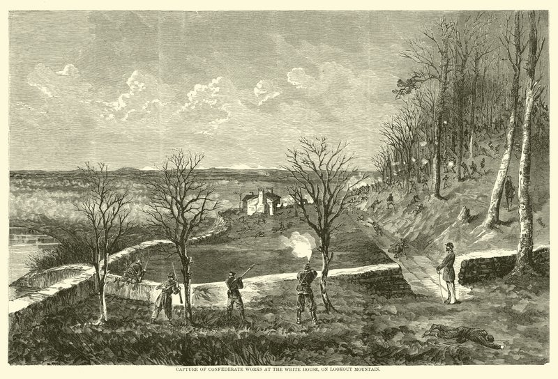 Capture of Confederate funguje v Bílém domě na Lookout Mountain, listopad 1863 od American School