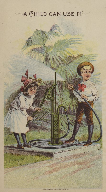 Děti si hrají s vodní pumpou (chromolitho) od American School
