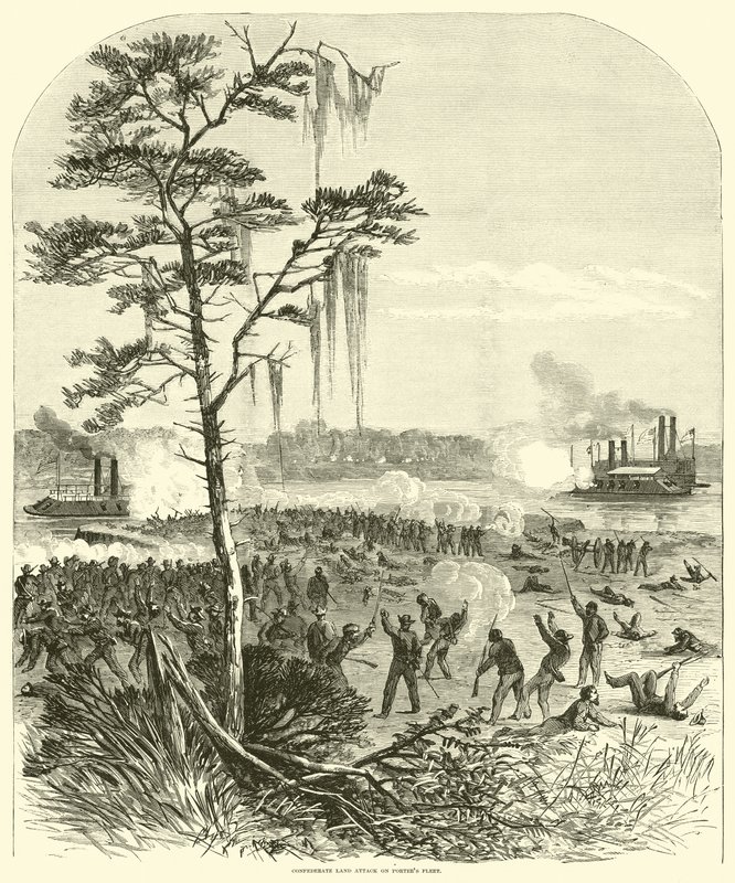 Pozemní útok Konfederace na flotilu Porters, duben 1864 od American School