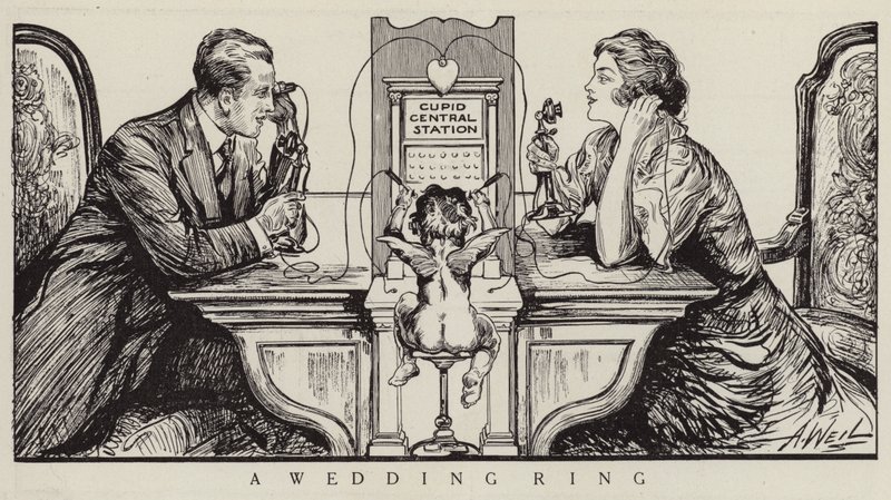 Amor organizuje telefonní hovor mezi mužem a ženou (litografie) od American School