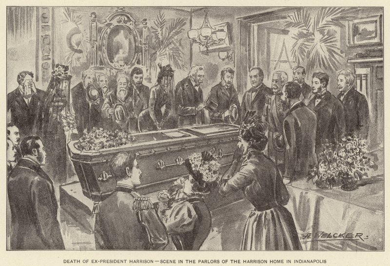 Smrt exprezidenta Harrisona, scéna v salonu Harrisonova domu v Indianapolisu (litografie) od American School