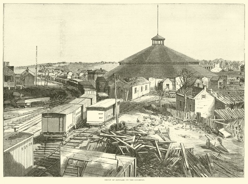 Depo zásob na železnici, říjen 1863 od American School