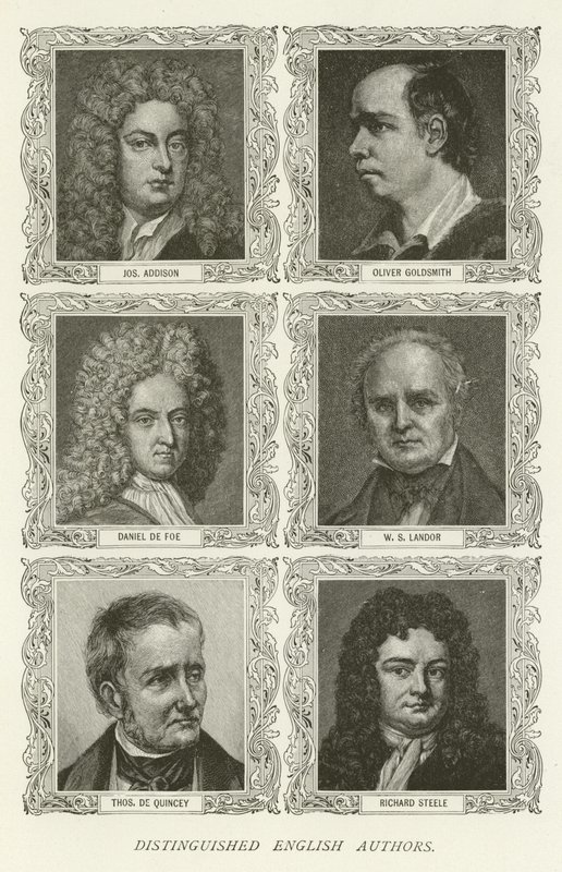 Významní angličtí autoři, Joseph Addison, Oliver Goldsmith, Daniel de Foe, WS Landor, Thomas De Quincey, Richard Steele od American School