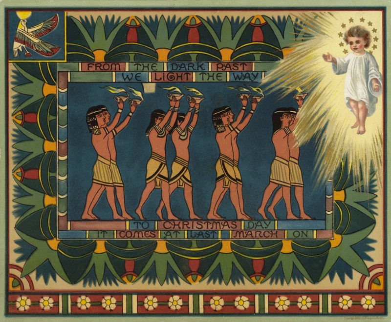 Vánoční pohlednice s egyptskou tematikou, která ukazuje, jak minulost vedla k Ježíši Kristu (barevná litografie) od American School