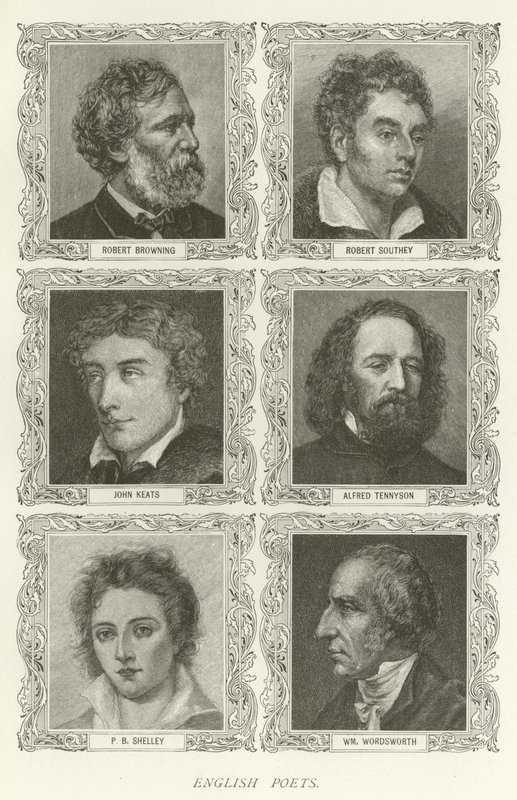 Angličtí básníci, Robert Browning, Robert Southey, John Keats, Alfred Tennyson, PB Shelley, William Wordsworth od American School