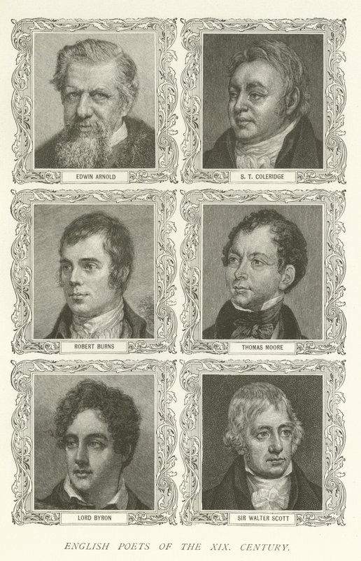 Angličtí básníci XIX století, Edwin Arnold, ST Coleridge, Robert Burns, Thomas Moore, Lord Byron, Sir Walter Scott od American School