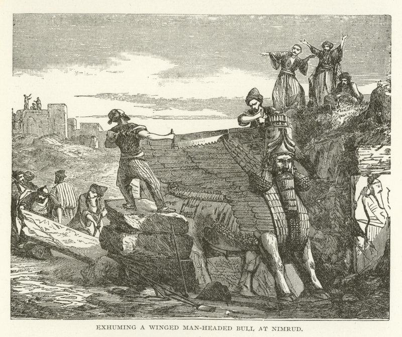Exhumace okřídleného býka s mužskou hlavou v Nimrudu od American School
