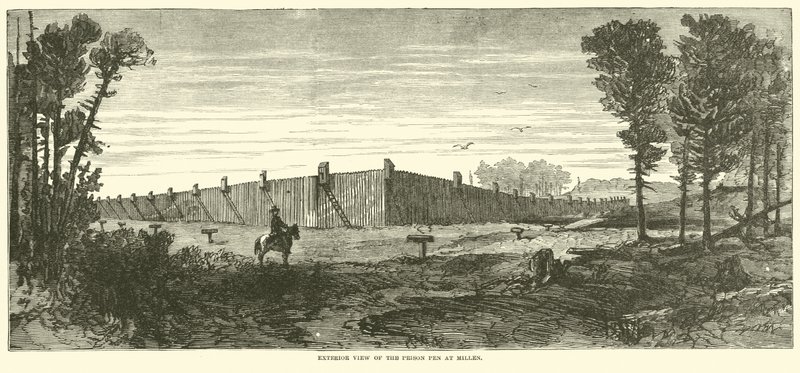 Vnější pohled na Prison Pen v Millen, listopad 1864 od American School