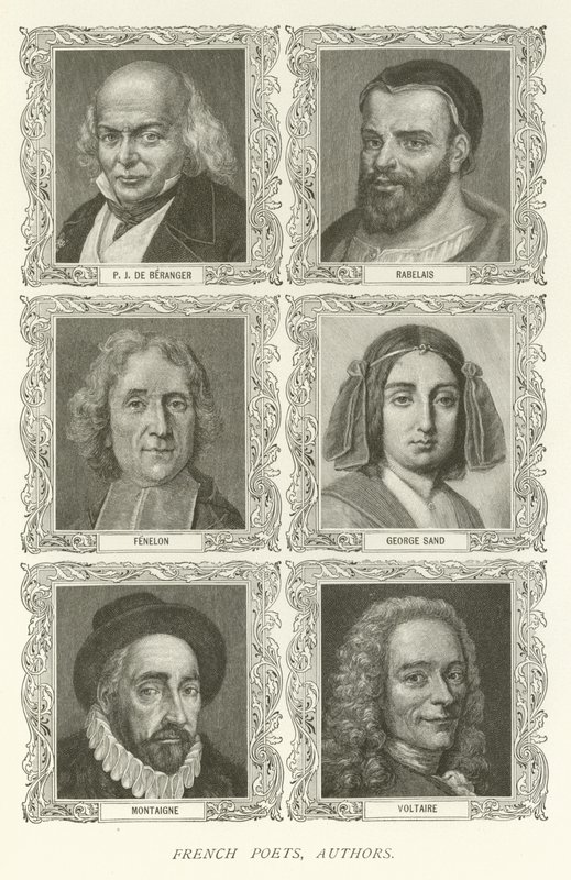 francouzští básníci, autoři, P J De Beranger, Rabelais, Fenelon, George Sand, Montaigne, Voltaire od American School