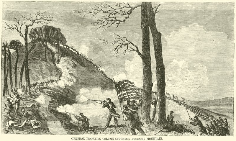 Sloupec General Hookers útočící na Lookout Mountain, listopad 1863 od American School