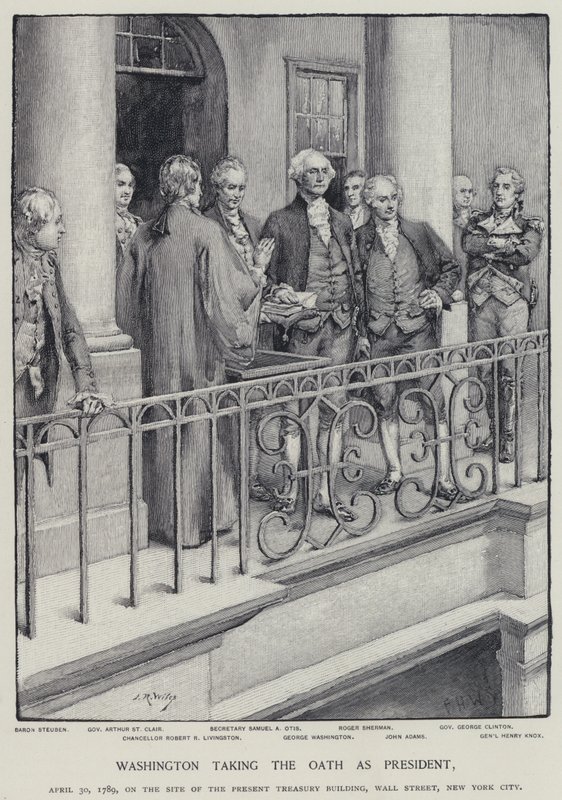 George Washington složil prezidentskou přísahu, 30. dubna 1789 (litho) od American School